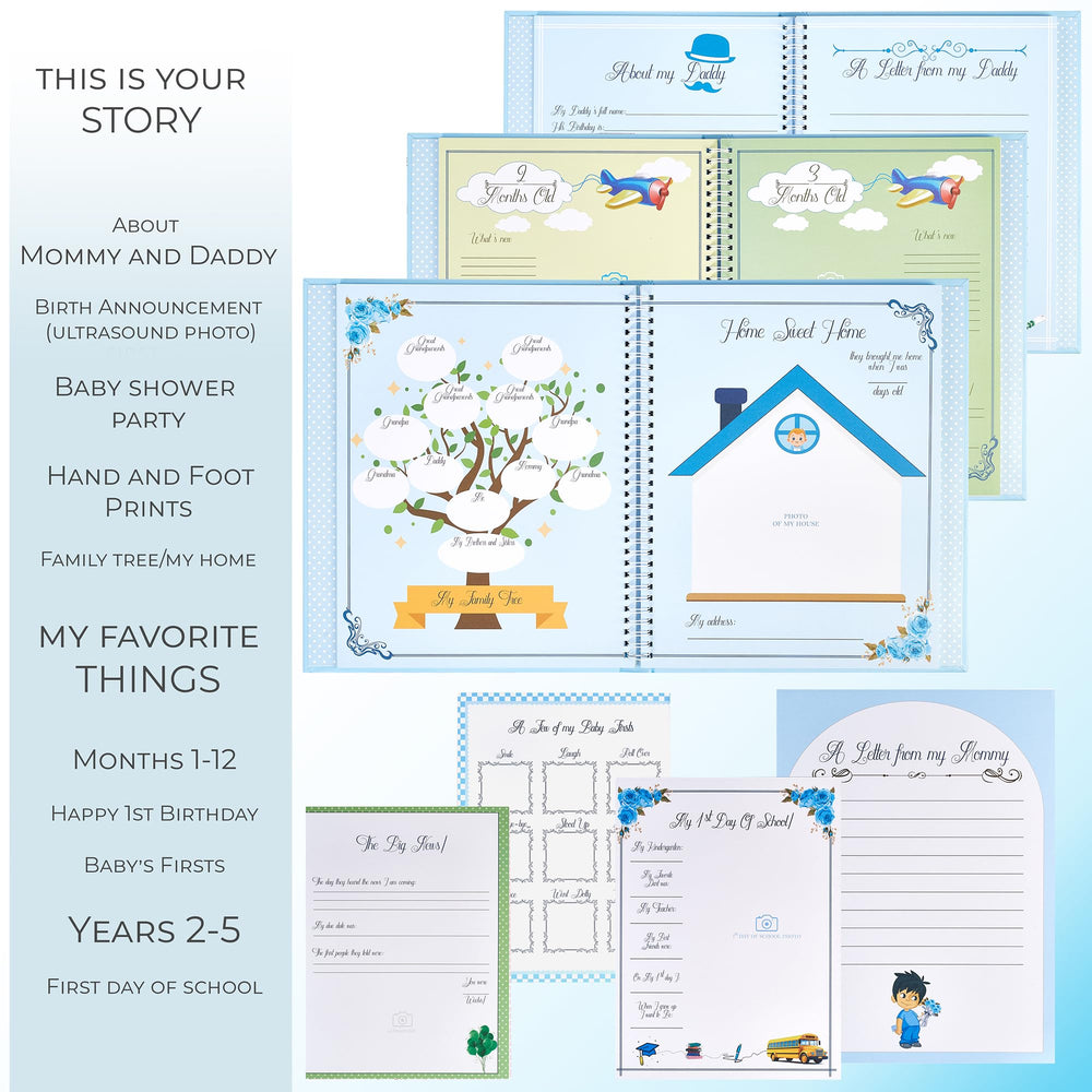 Liplut Baby Book Memory Boy spiral binding keeps pages open for writing and photos