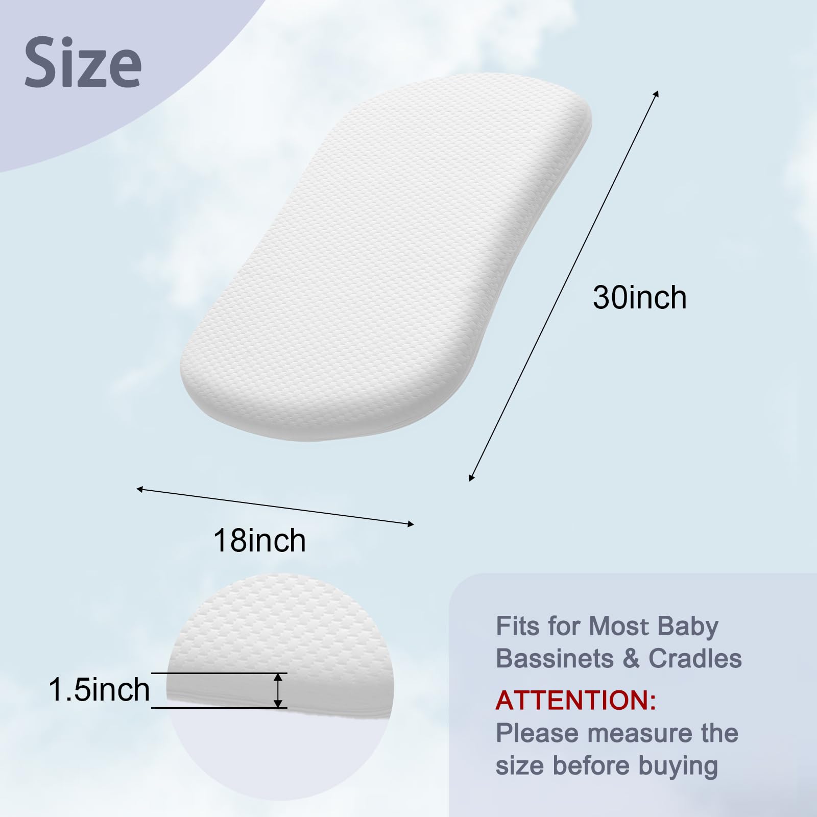 Lisara bassinet mattress side detail shows dual firmness for growing babies.