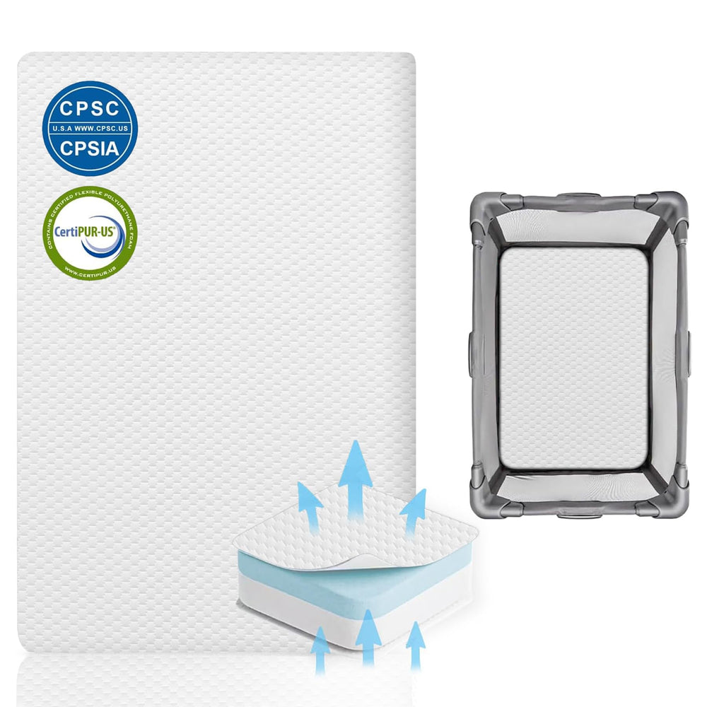Lisara Pack and Play Mattress top view shows compact 38 x 26 sleep surface for playpens.