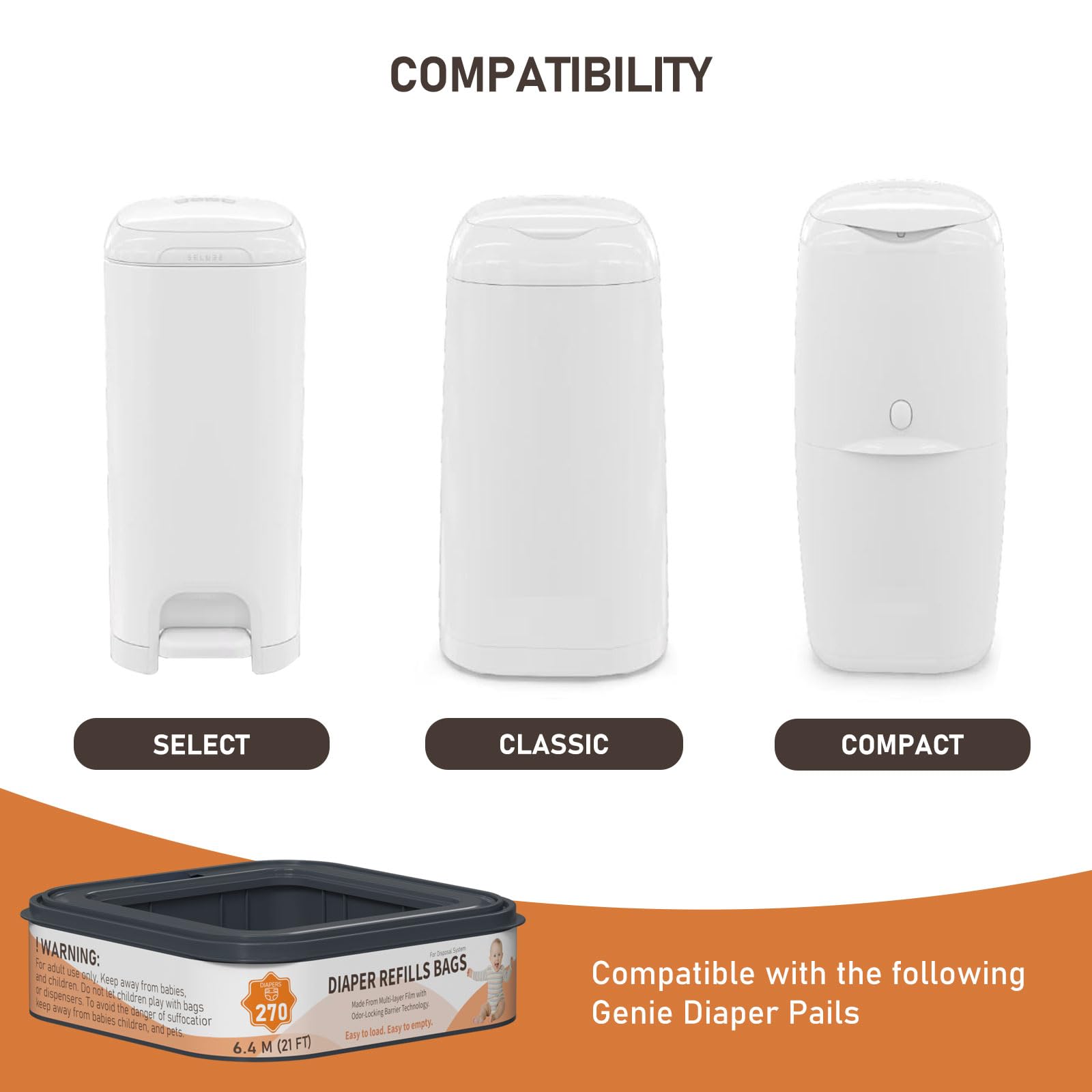 Lisyee Standard Square Refills showing compatibility with Diaper Genie pails
