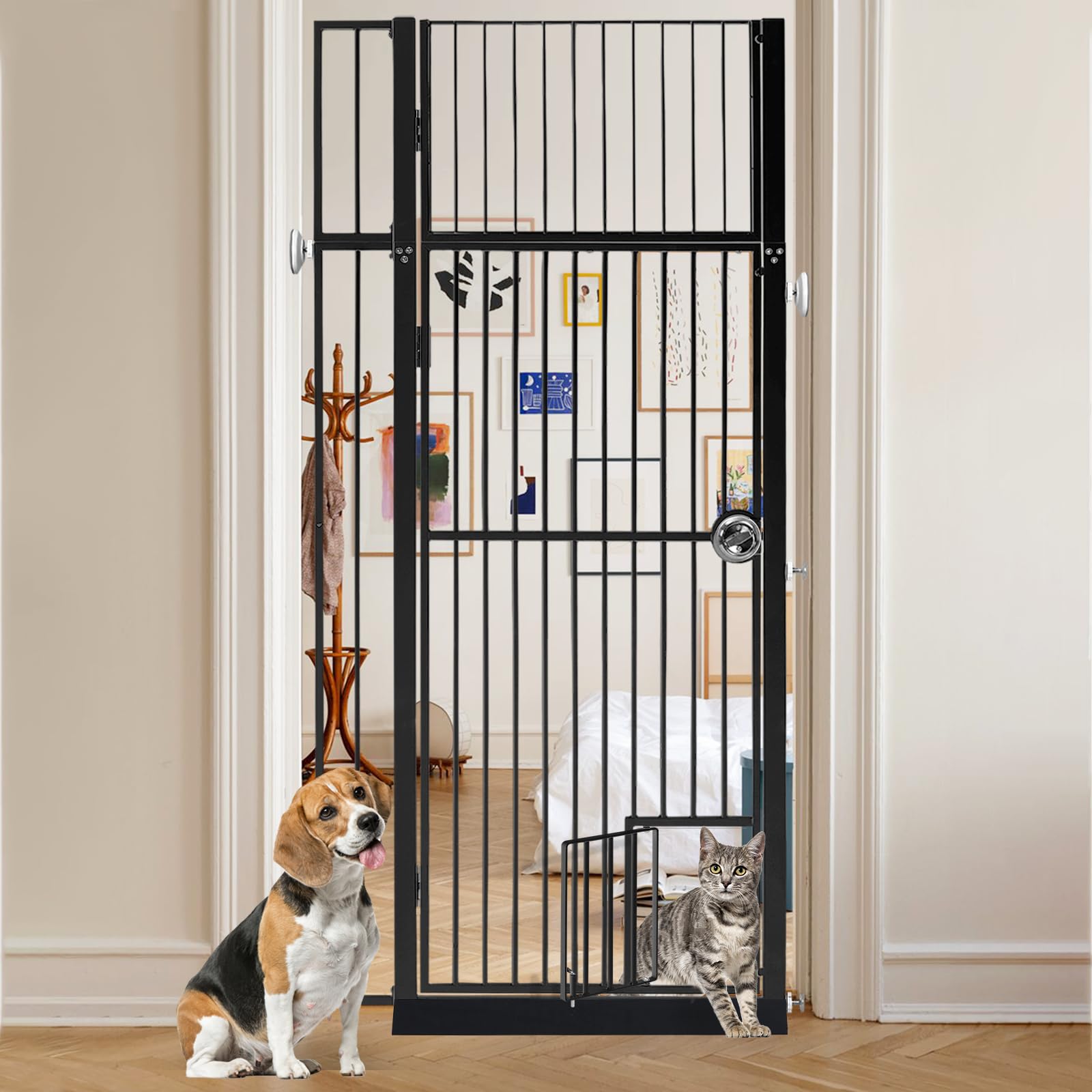 LitaiL 71in extra tall gate with cat door provides a tall, secure barrier for stairs and doorways.
