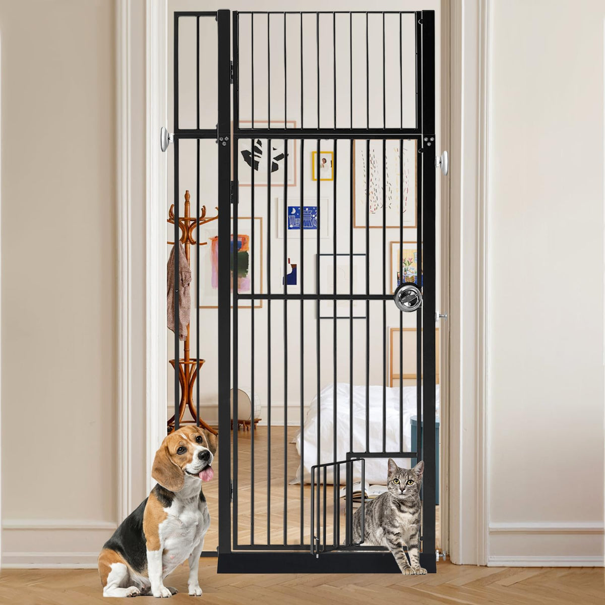 LitaiL 71in extra tall gate with cat door provides a tall, secure barrier for stairs and doorways.