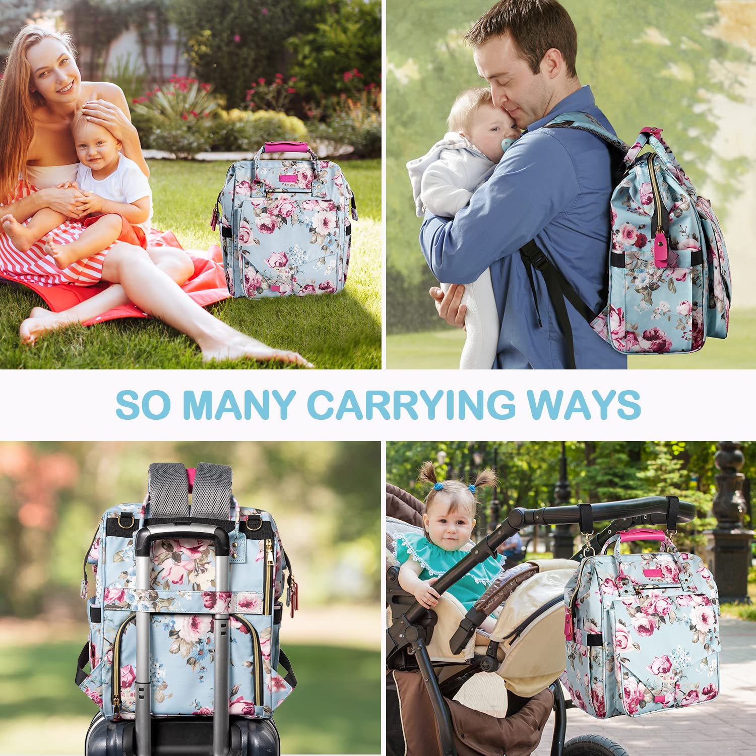 LitBear diaper bag backpack with rose-pattern print for stylish outings