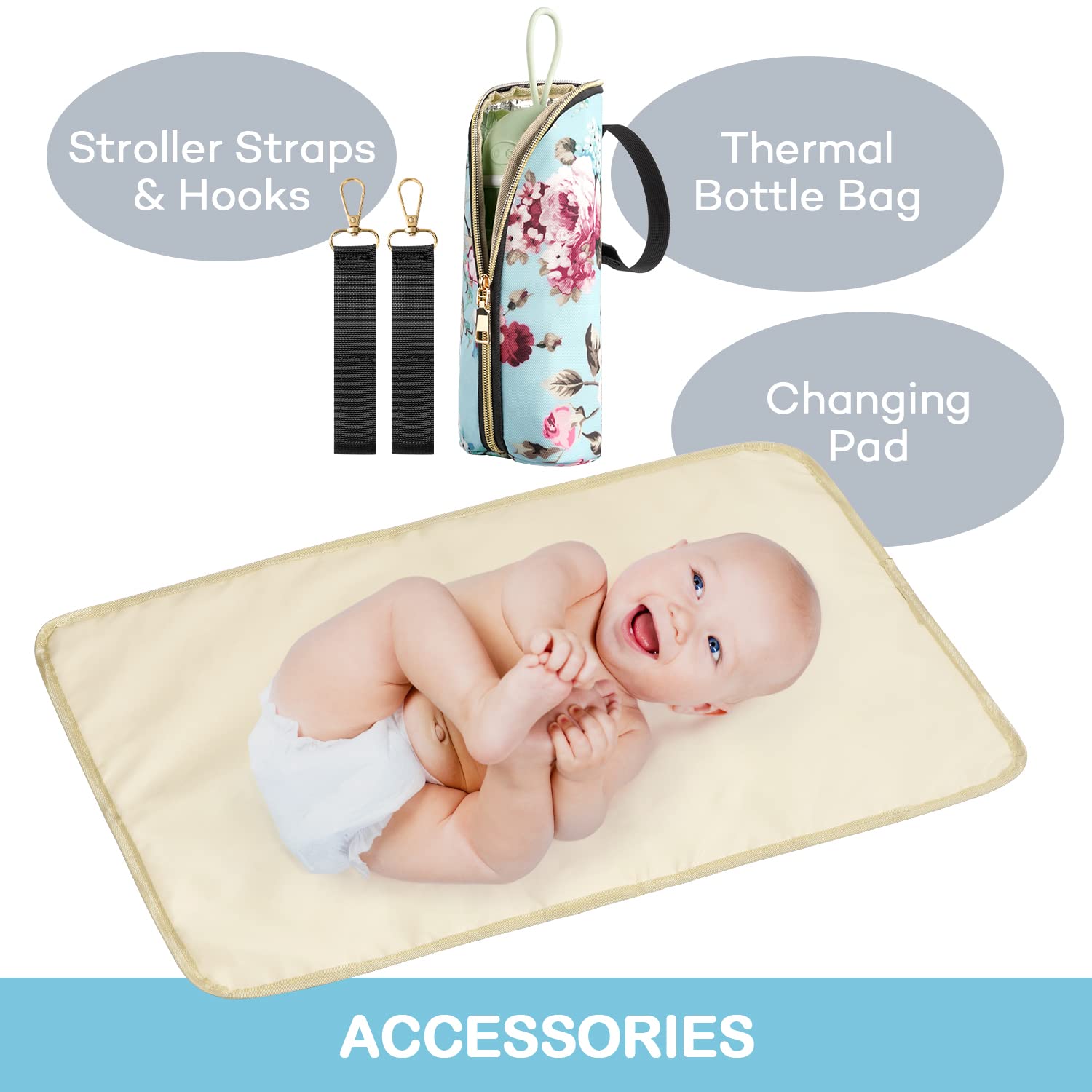 LitBear diaper bag backpack featuring stroller straps and hooks for hands-free travel