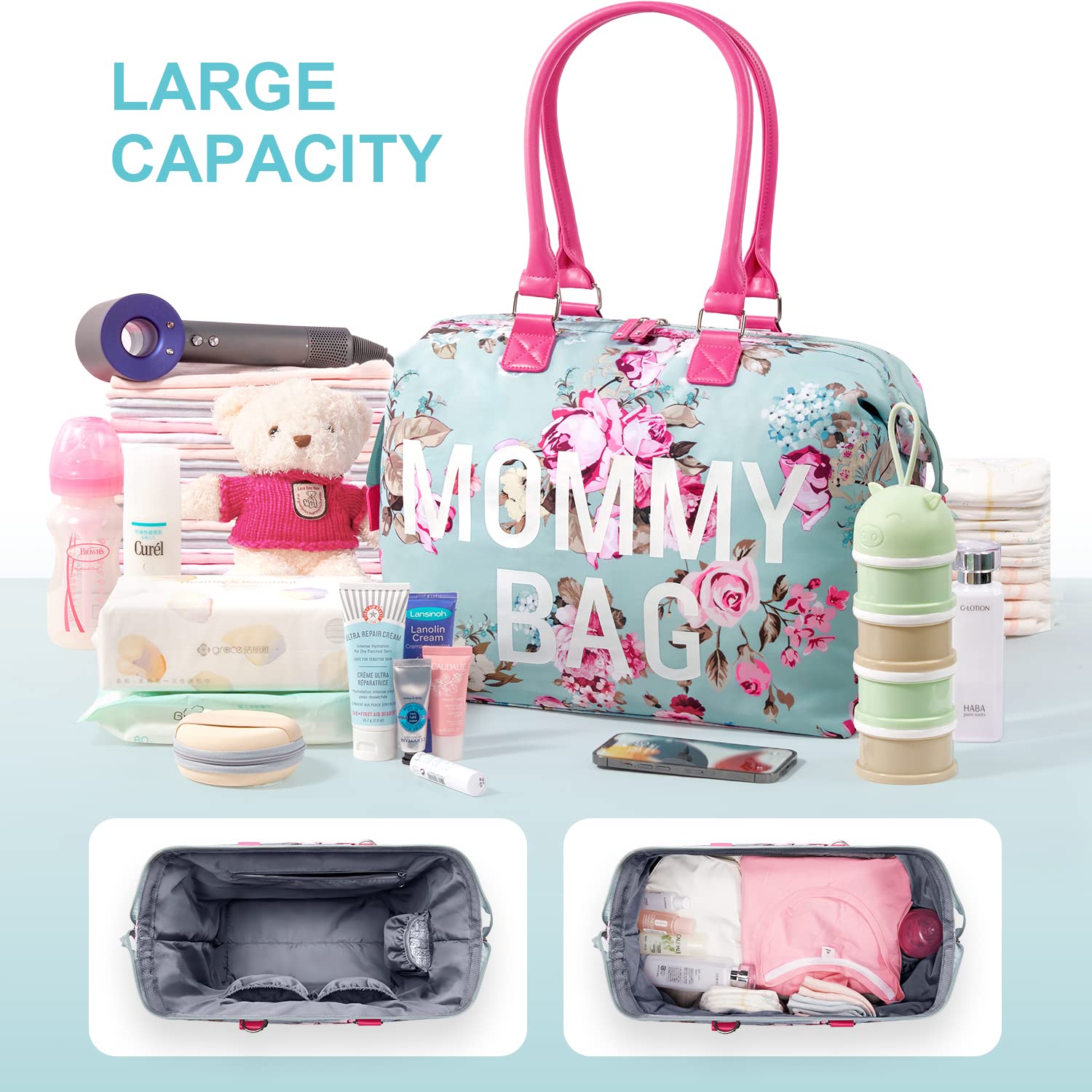 LitBear Mommy Bag blue floral interior pockets organize bottles and pacifiers