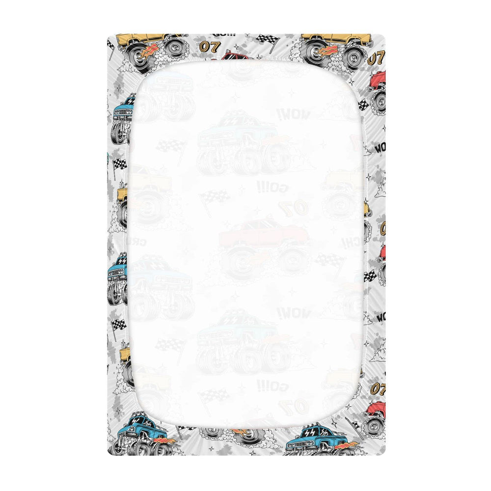 Litebear Monster Trucks crib sheet elastic band close-up for a snug, secure fit.