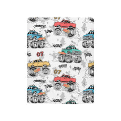 Litebear Monster Trucks crib sheet flat lay shows playful print for nursery decor and comfort.
