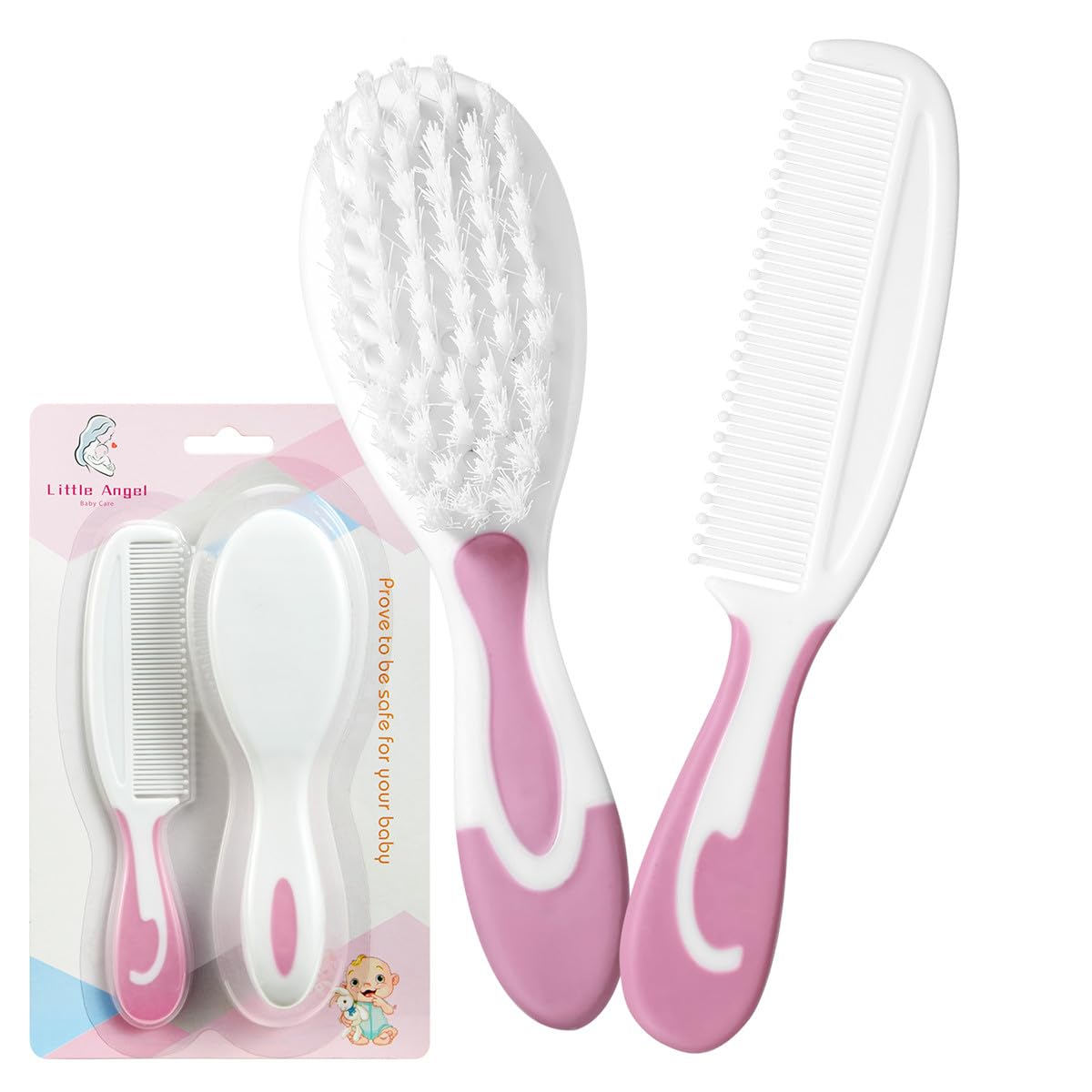 Little Angel baby hair brush pink with soft bristles for gentle scalp care.