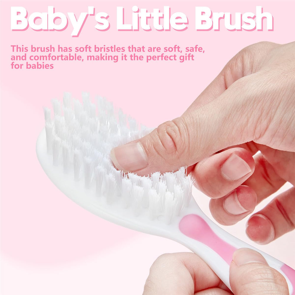 Little Angel newborn hair brush set shown during bath-time routine.