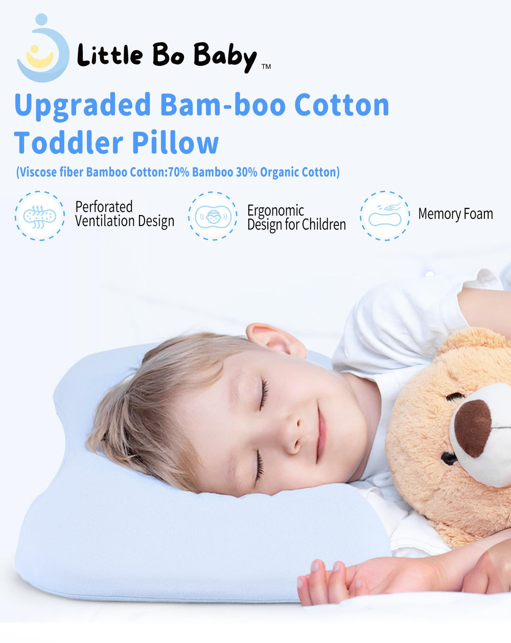 Little Bo Baby Toddler Pillow warranty and materials highlights BASF quality and a 2-year warranty.