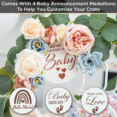 Little Cuteness crate features cutout handles for portable baby shower gift display.