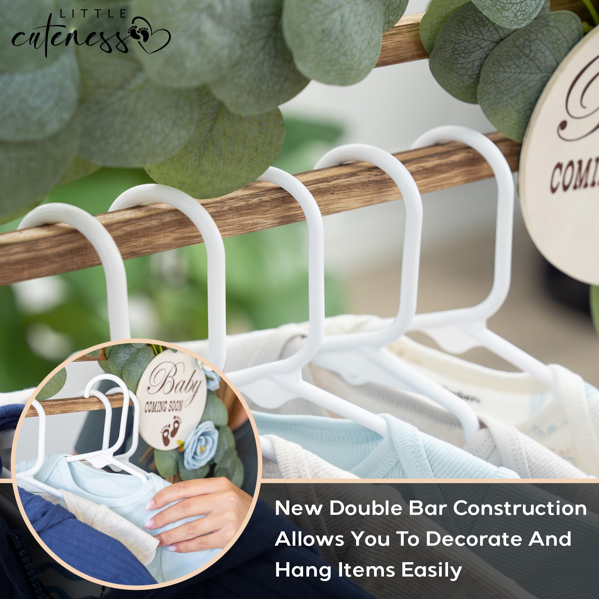 Little Cuteness eucalyptus decor adds calming greenery to a nursery display.