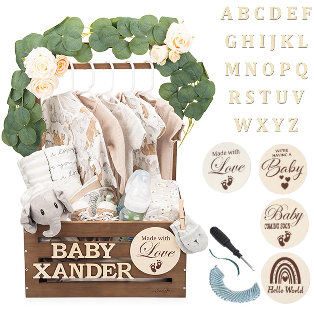 Little Cuteness wooden baby shower crate closet front view features rustic finish for display-ready keepsakes
