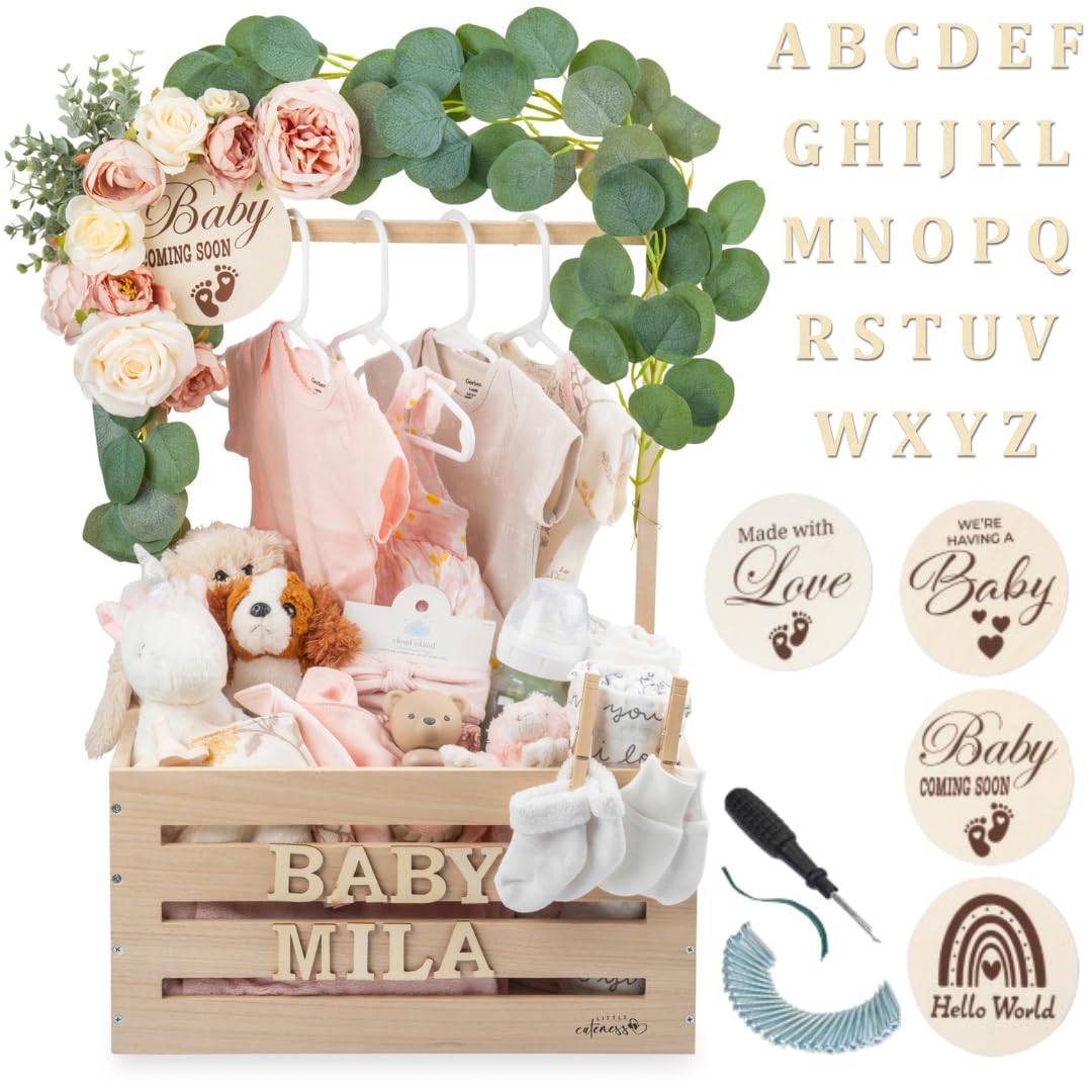Little Cuteness wooden baby shower crate closet with two bars for organized outfits.