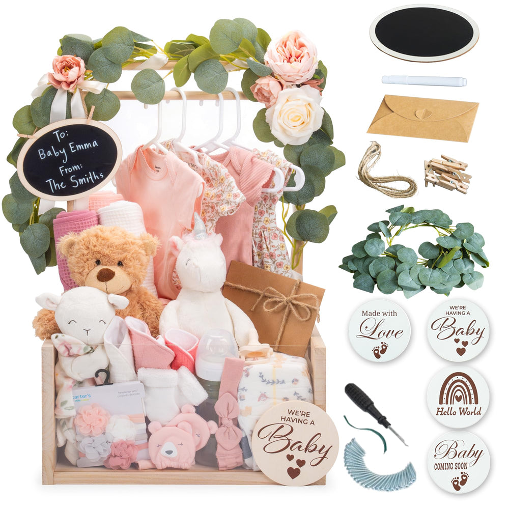 Little Cuteness wooden baby shower crate natural front as a centerpiece display