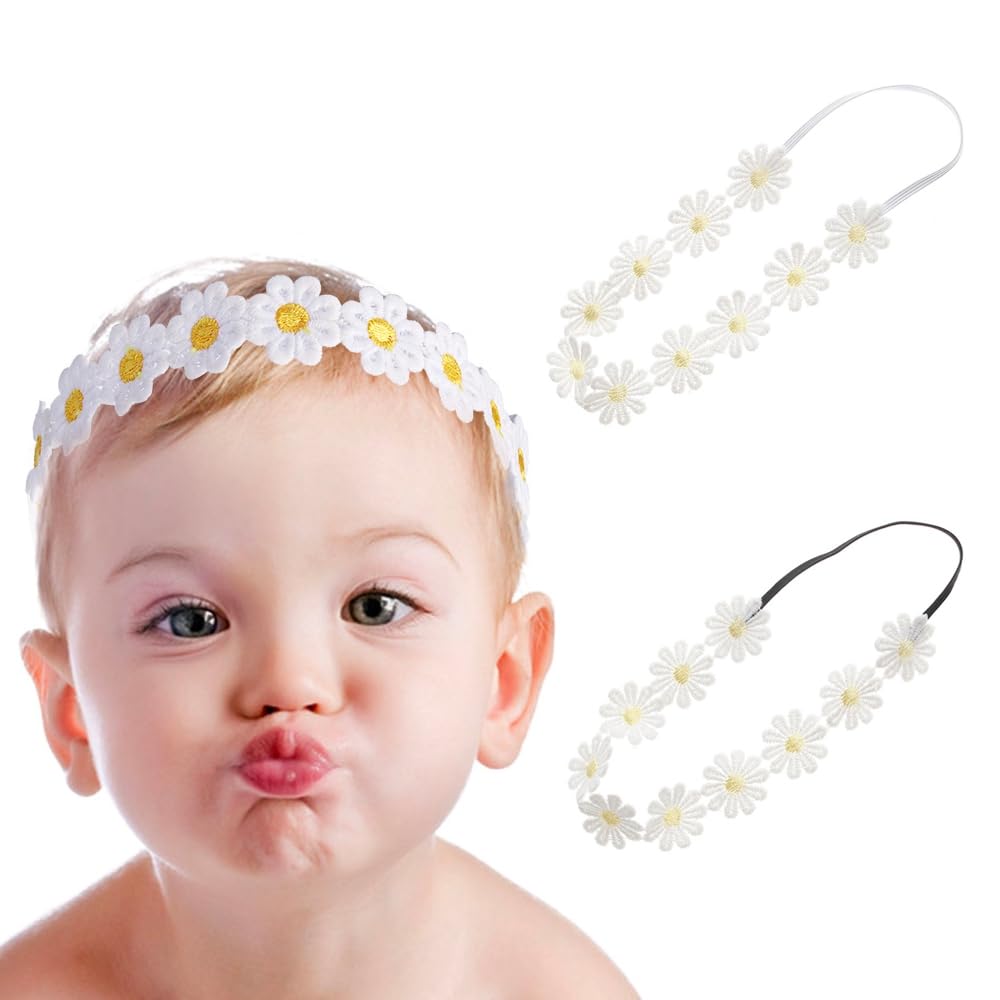 Little Daisy Headband with daisy crown on a baby for charming photos.