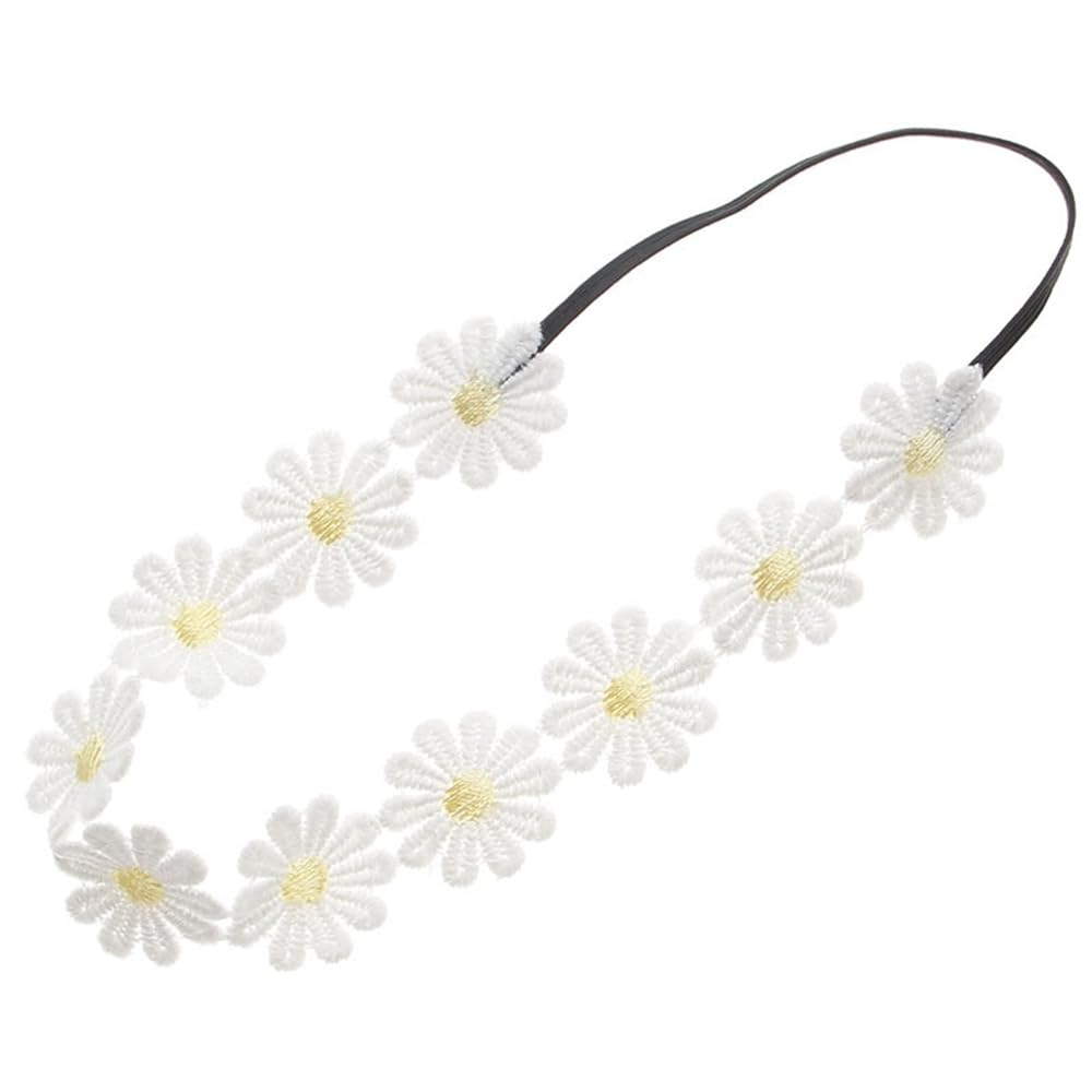 Little Daisy Headband worn by a baby girl showing comfortable stretch.