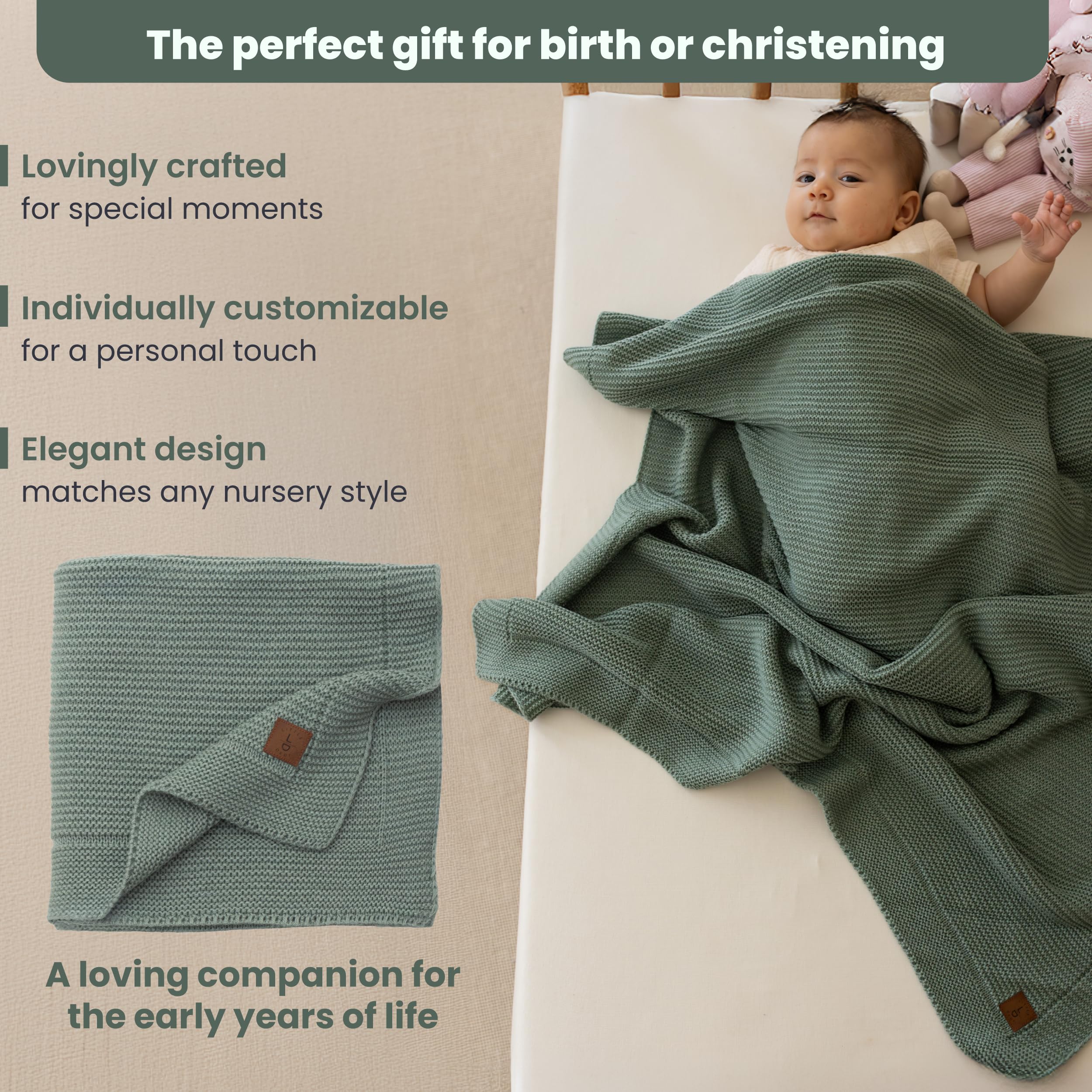 Little Dedi Alina blanket green swaddled around a baby for gentle support.