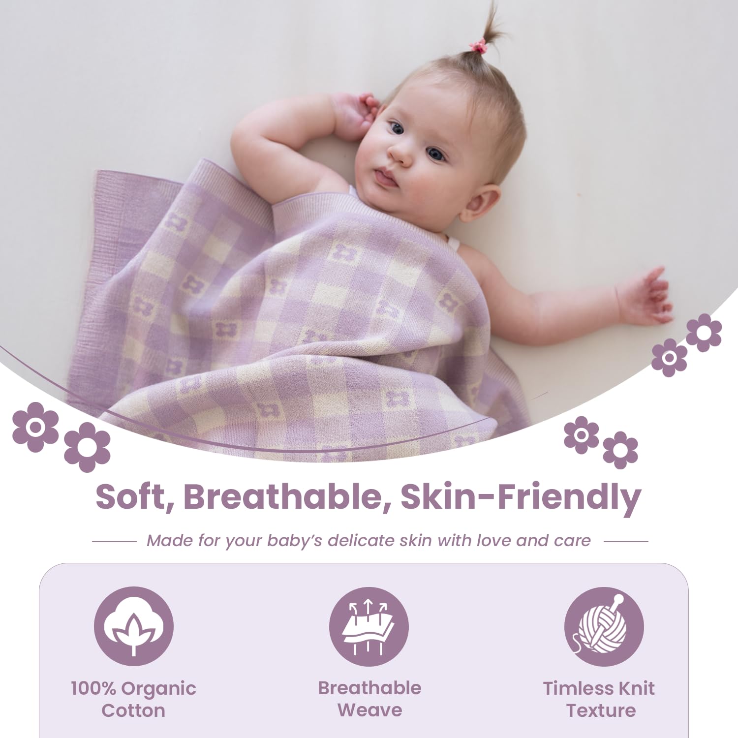 Little Dedi lavender blanket closeup highlights soft, breathable texture for gentle skin contact.