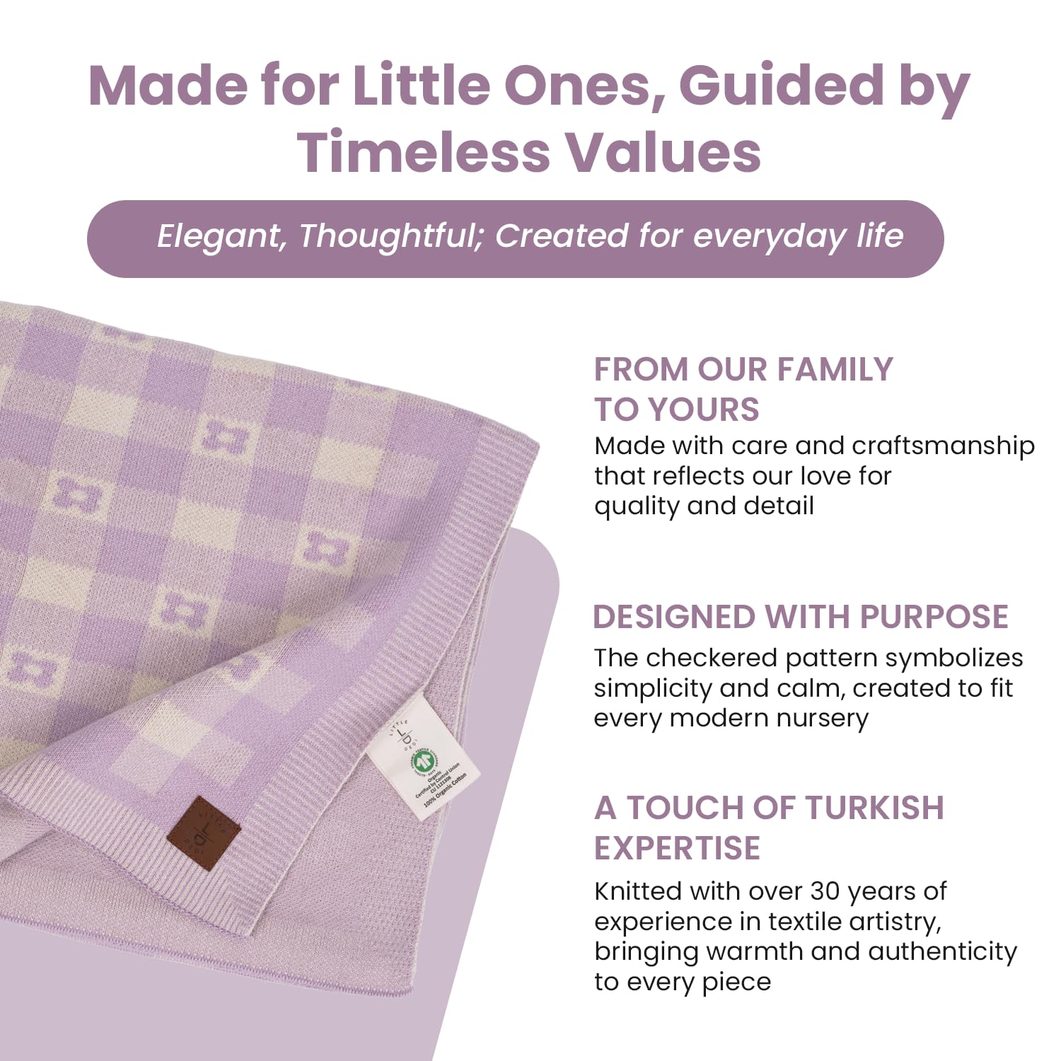 Little Dedi lavender blanket in lightweight fabric suitable for stroller use.