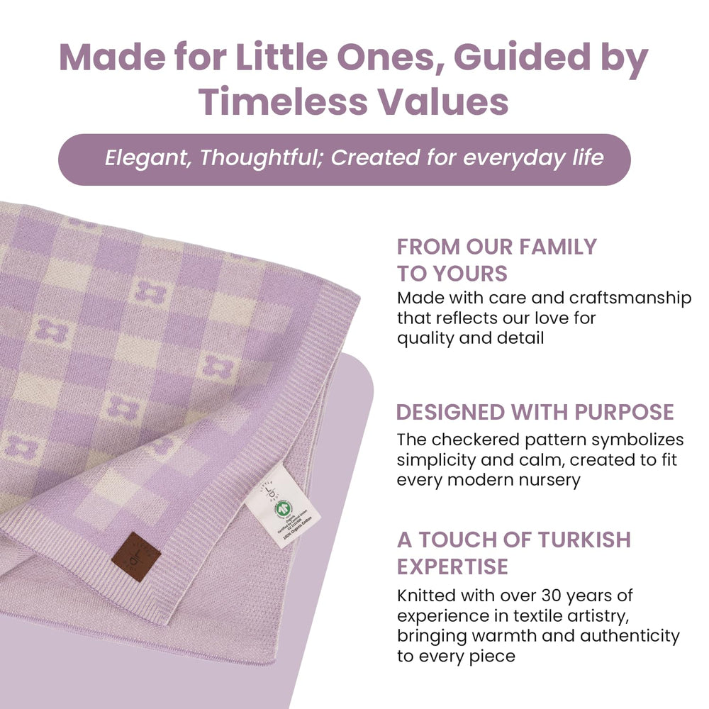 Little Dedi lavender blanket in lightweight fabric suitable for stroller use.