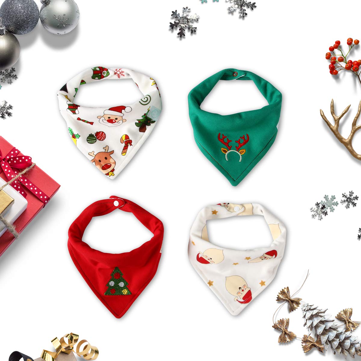 Little Dimsum Christmas 4-piece bib set, front view, festive prints for baby outfits.