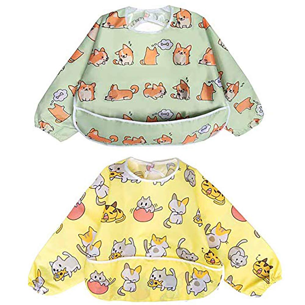 Little Dimsum full-sleeved feeding bib on baby showing adjustable closure for secure fit during meals.