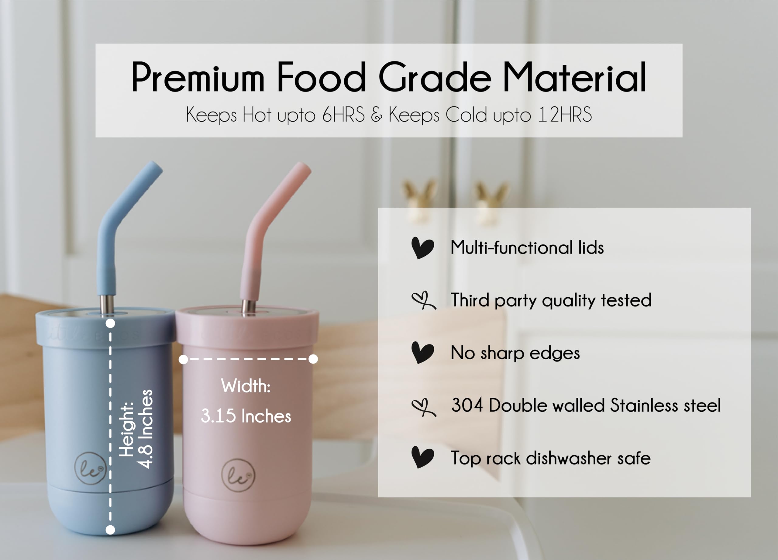 Little Ecos close-up highlights leak-proof lid and durable stainless construction for everyday use.