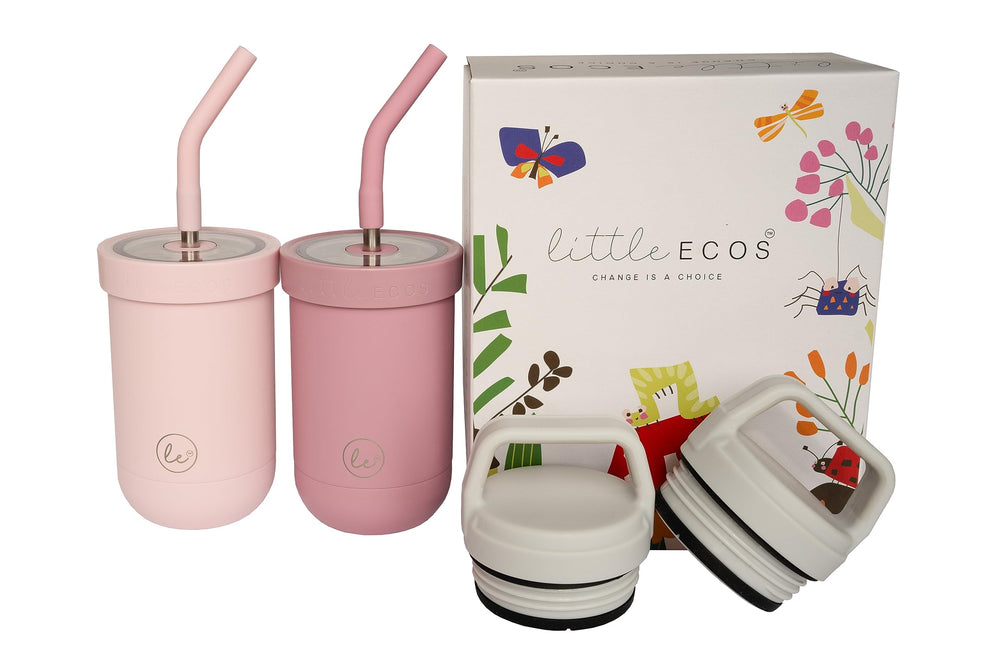 Little Ecos double-wall insulated kids cups show secure lids for spill-free on-the-go drinks.
