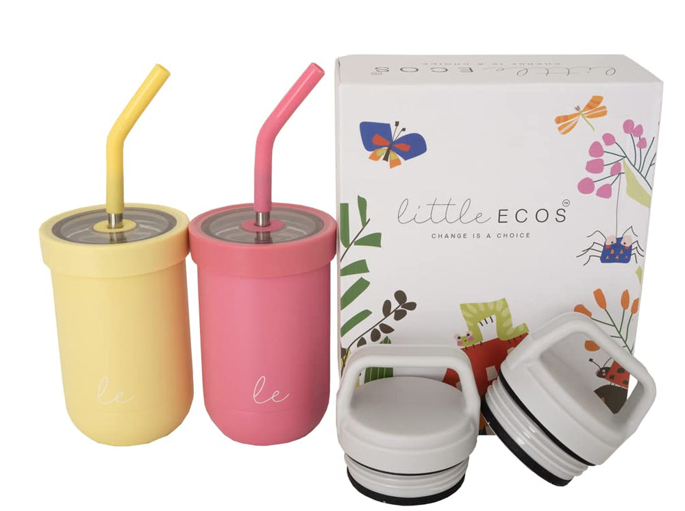 Little Ecos toddler-straw-cups 2-pack shown for school lunches with durable stainless steel.