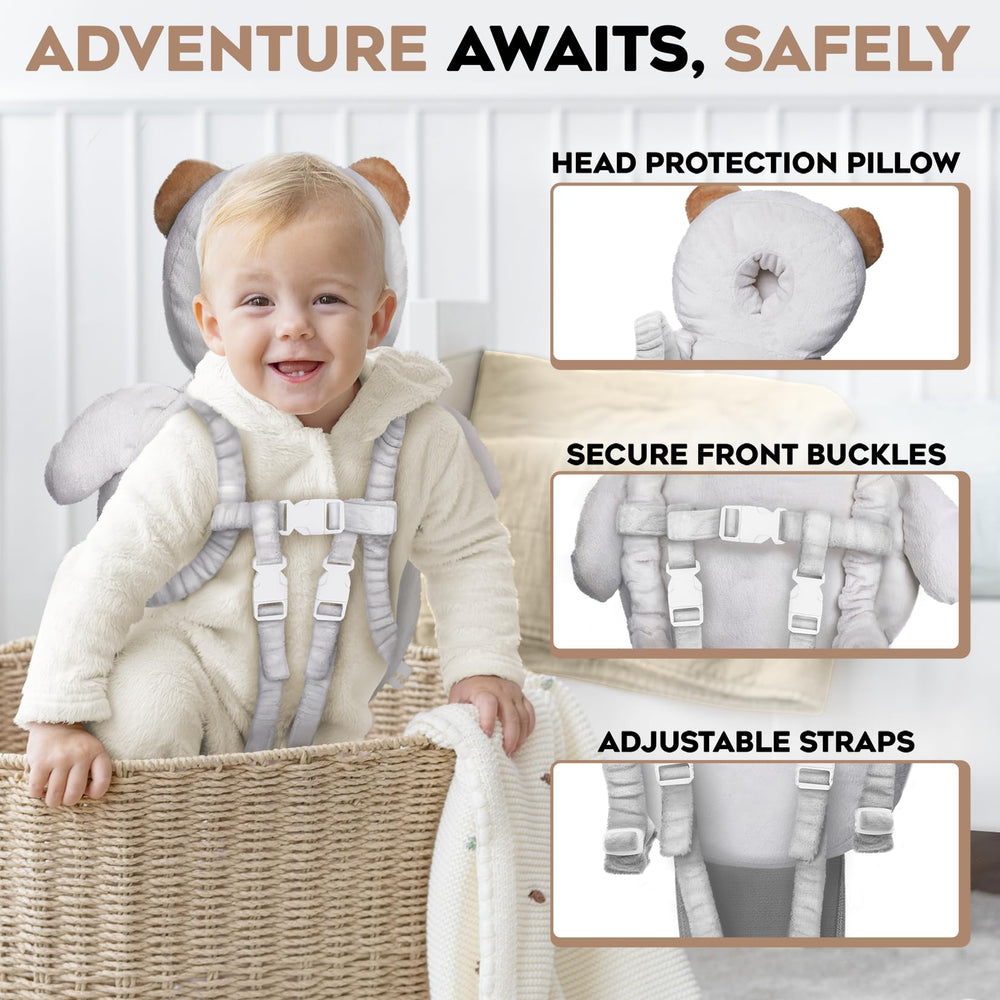 Little Family head protector backpack shows adjustable straps for a secure, comfortable fit on a toddler.