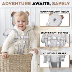 Little Family head protector backpack shows adjustable straps for a secure, comfortable fit on a toddler.