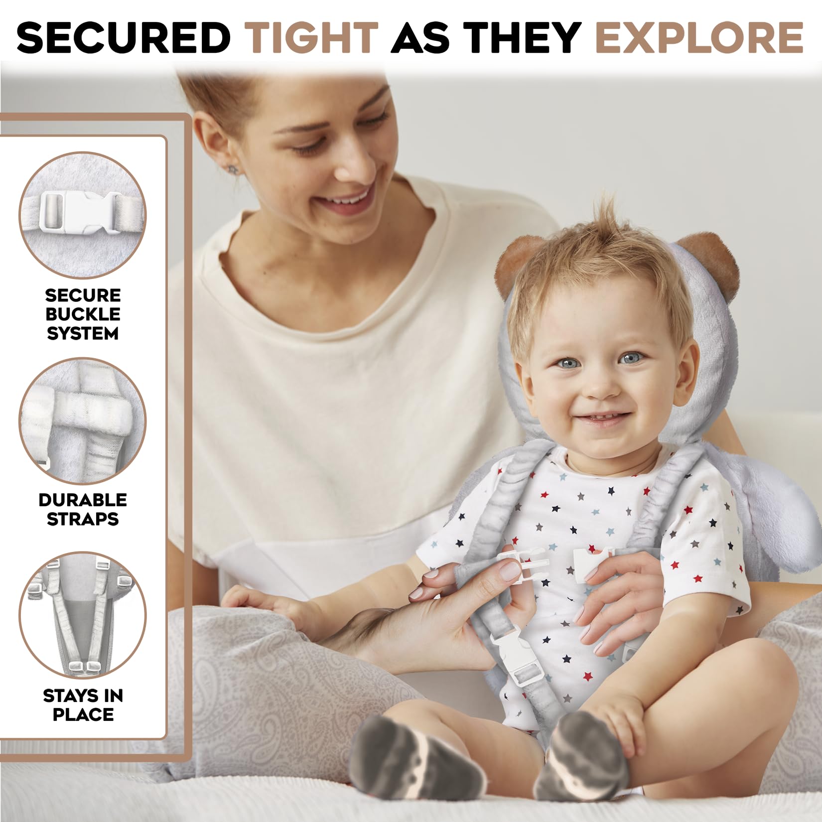 Little Family baby head protector features hypoallergenic crystal plush fabric for gentle skin contact.
