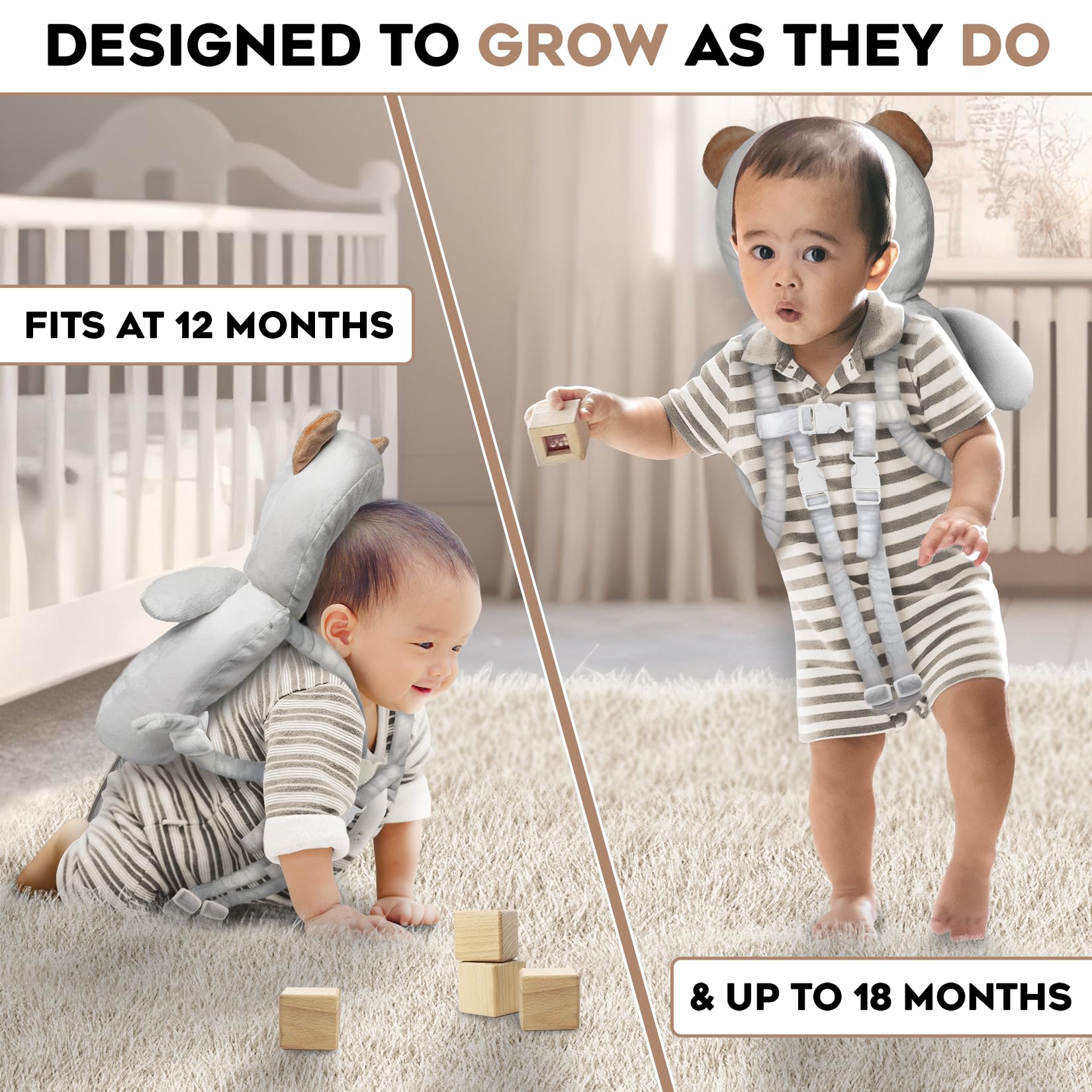 Little Family head protector worn by baby demonstrates secure back coverage during exploration.