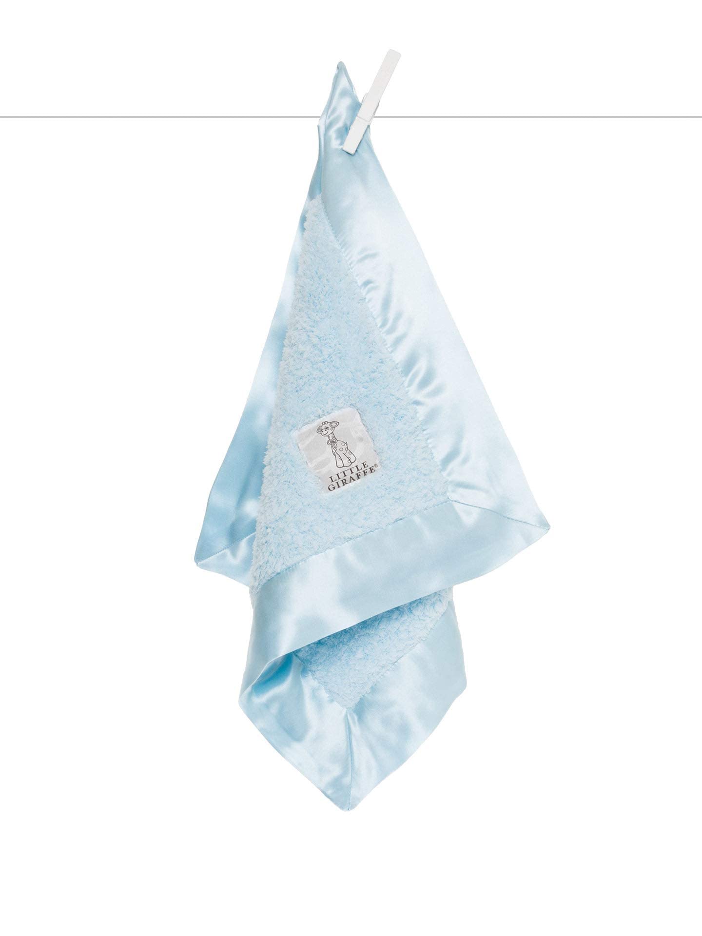 Little Giraffe Blanky blue blanket in side view offers plush chenille softness for stroller snuggles