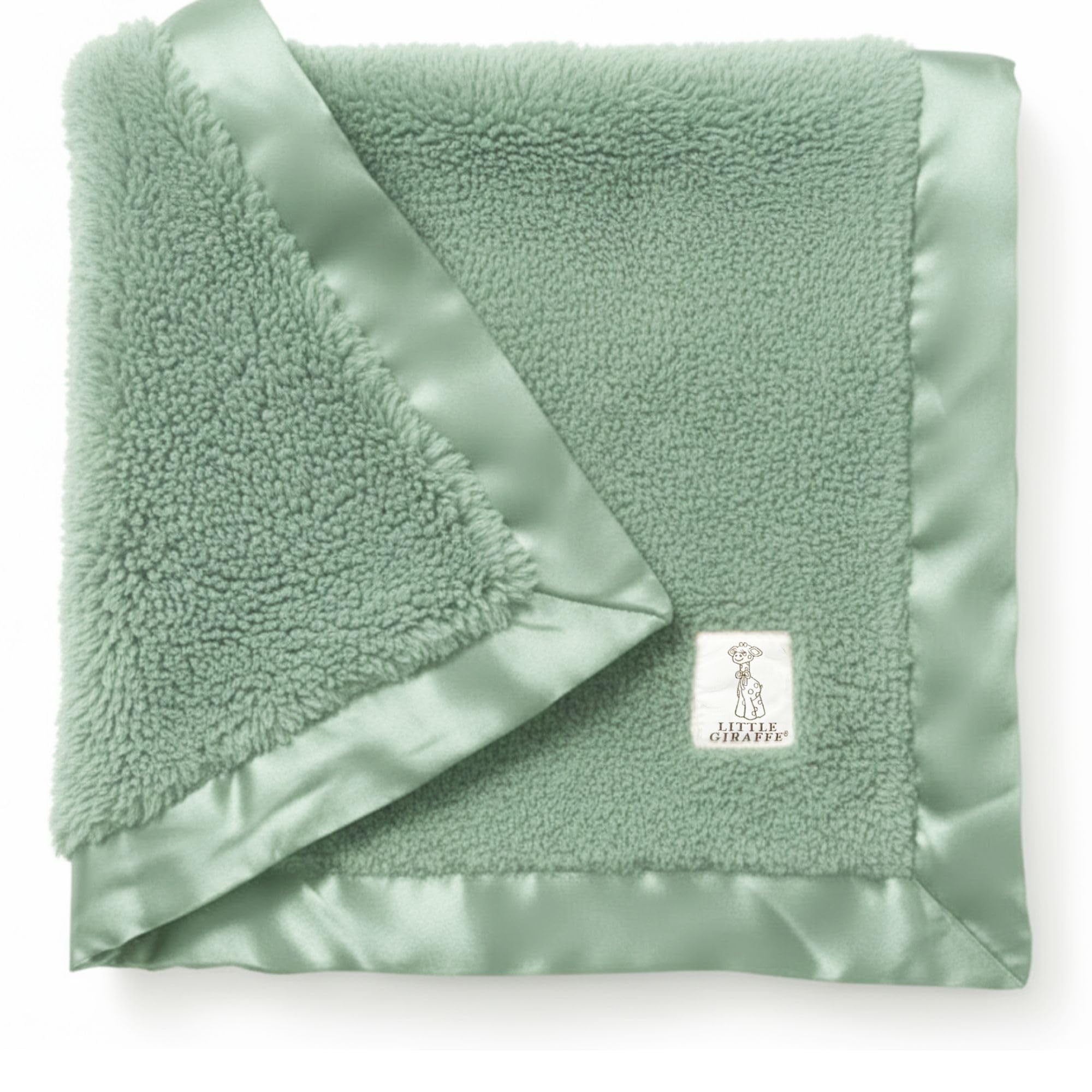 Little Giraffe chenille blanket care shot illustrating easy cold wash maintenance.