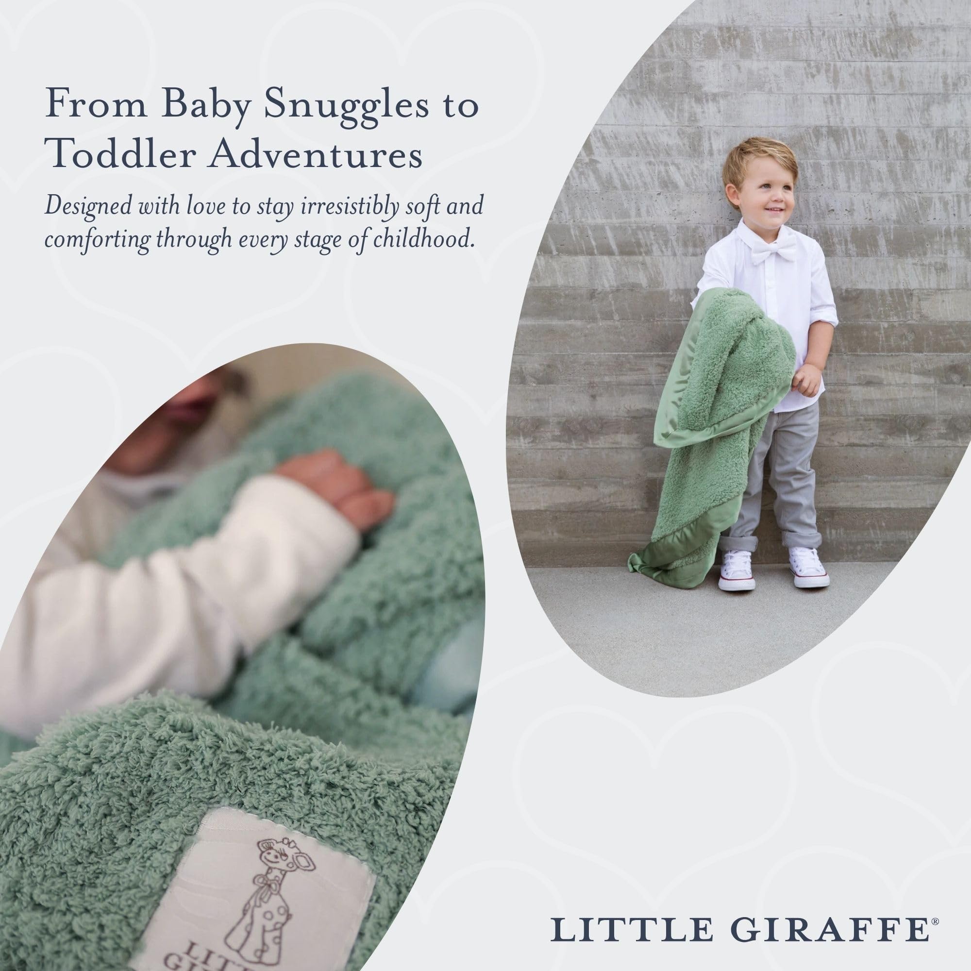 Little Giraffe chenille blanket with satin trim closeup highlights luxury touch for nursery decor.