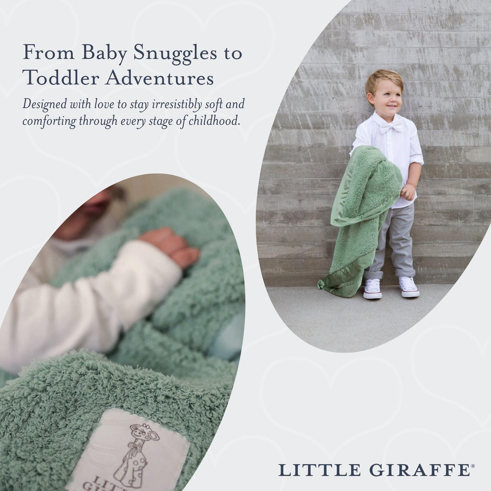 Little Giraffe chenille blanket with satin trim closeup highlights luxury touch for nursery decor.
