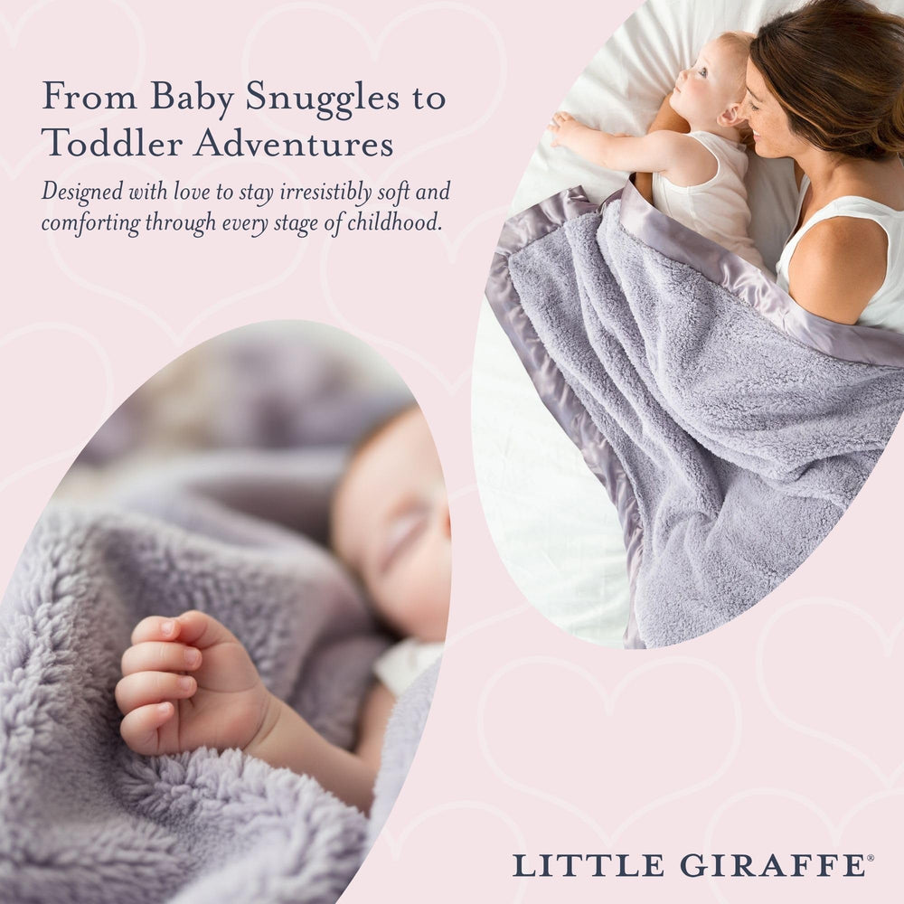Little Giraffe Chenille blanket satin trim close-up—luxury finish for nursery decor.