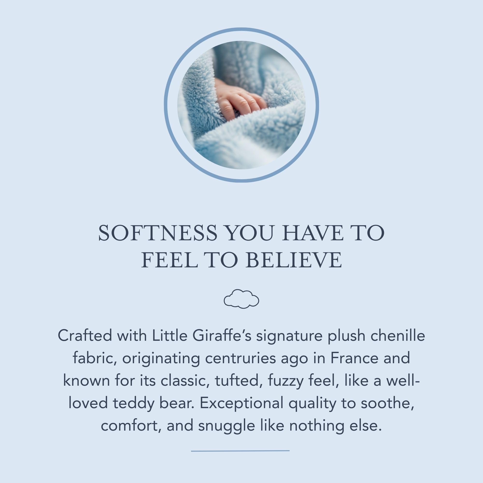 Little Giraffe chenille blanket blue satin trim closeup emphasizes luxurious finish and tactile softness.