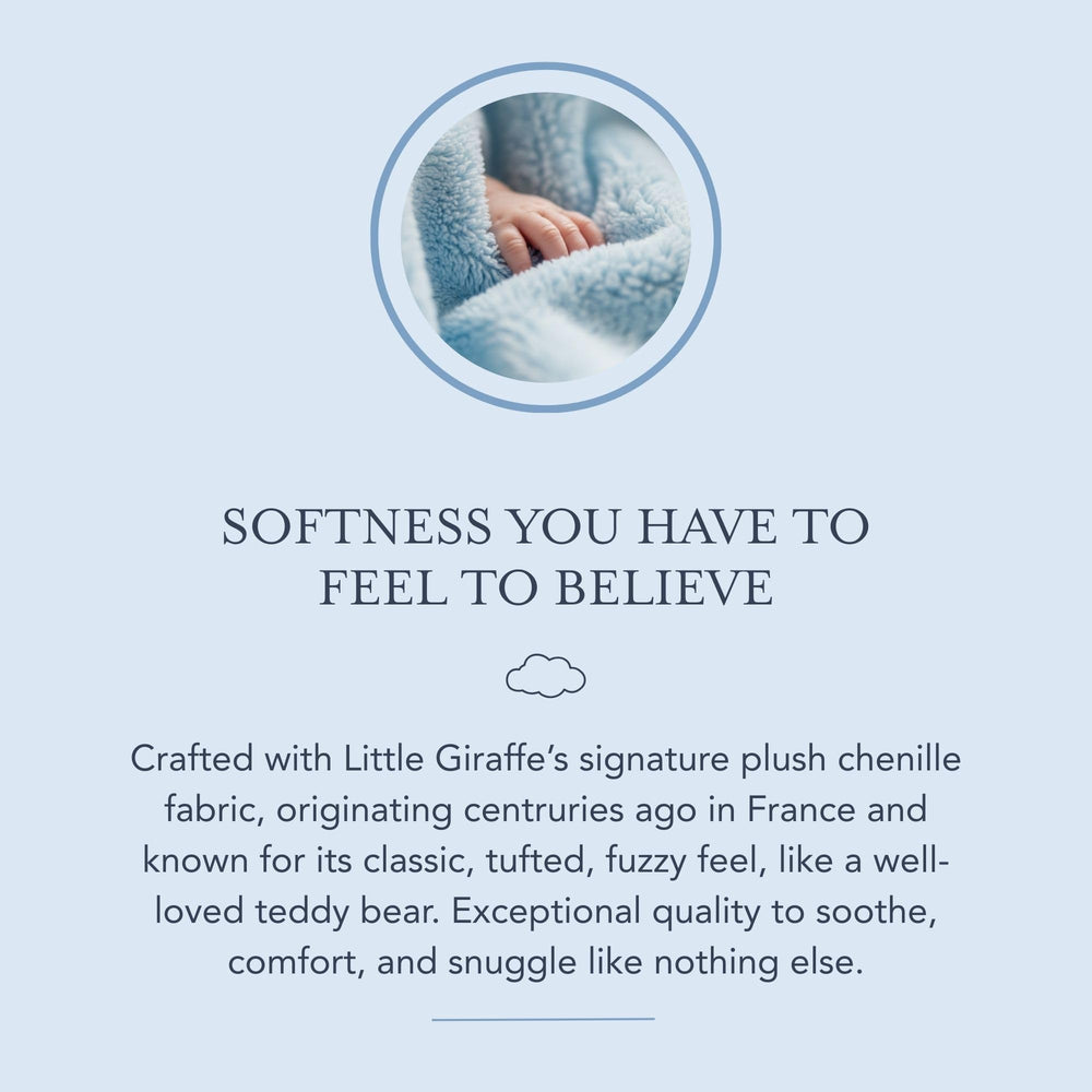 Little Giraffe chenille blanket blue satin trim closeup emphasizes luxurious finish and tactile softness.
