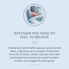 Little Giraffe chenille blanket blue satin trim closeup emphasizes luxurious finish and tactile softness.