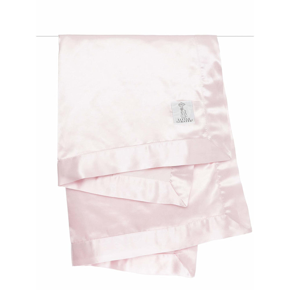 Little Giraffe velvet blanket pink folded display highlighting plush texture and satin trim.