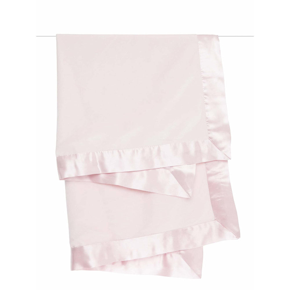 Little Giraffe velvet baby blanket pink front view with satin trim for cozy warmth.