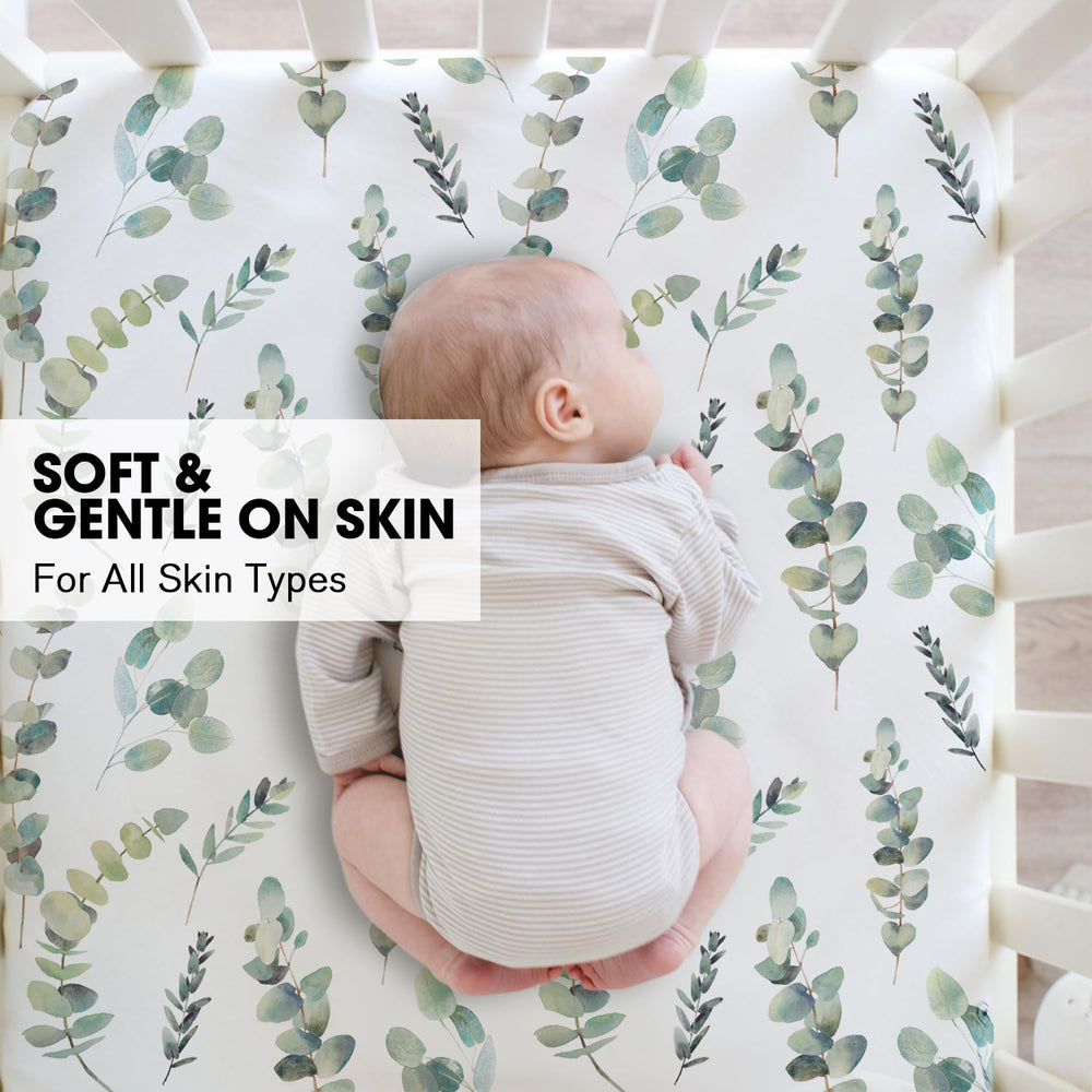 Little Grape Land 2-pack crib sheets on display, simple rotation for easy laundry days