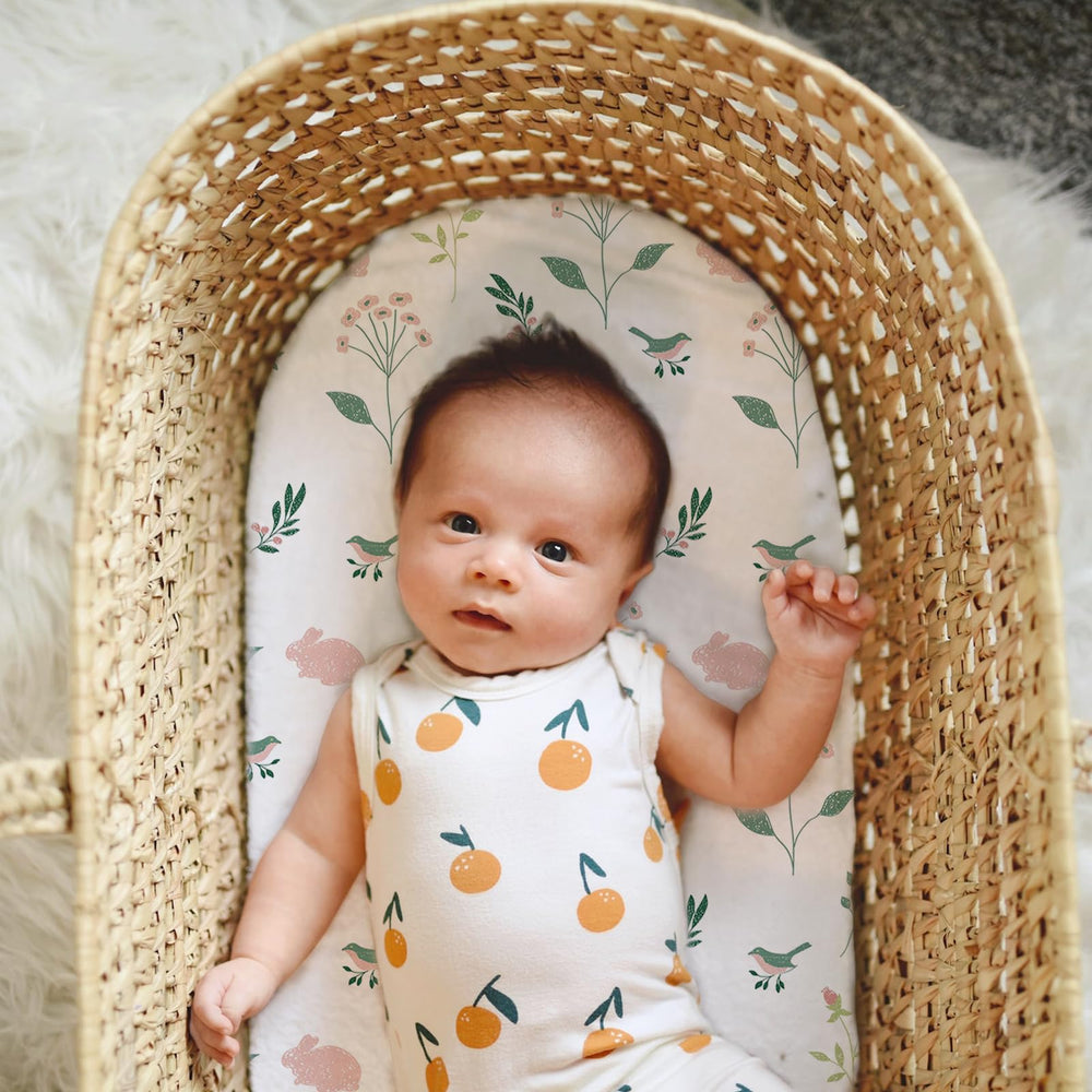 Little Grape Land bassinet sheets easy-care-fabric resists pilling and shrinking over time