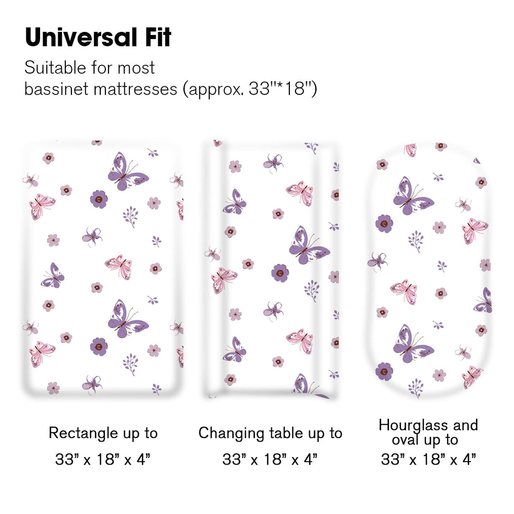 Little Grape Land sheets on bassinet demonstrate deep pocket coverage for varied mattresses.