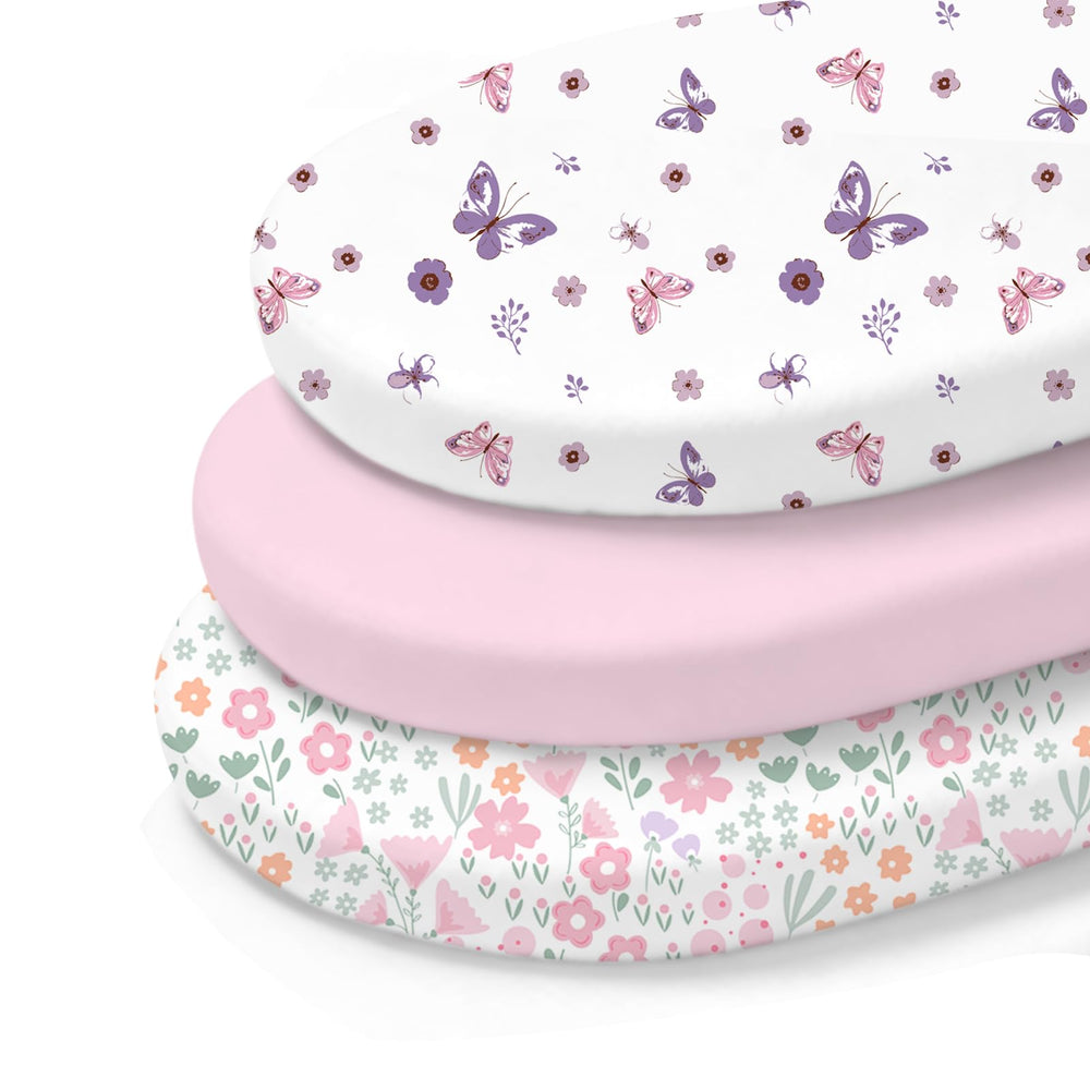 Little Grape Land bassinet sheets pack shot, ultra-soft microfiber for cozy newborn sleep.