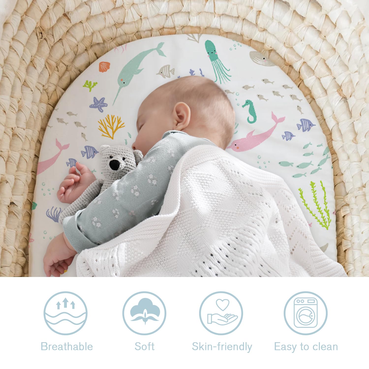 Little Grape Land universal-fit bassinet sheet for all shapes ensures a snug surface.