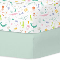Little Grape Land pastel ocean crib sheet on mattress, soft microfiber for sensitive baby skin.
